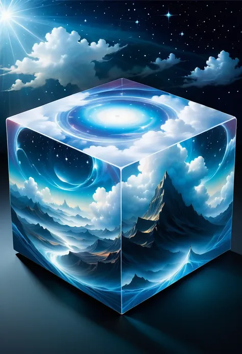 bosch style, translucent cube captures eerie clouds, the starscape warps, time warp, surrealism prevails, star, luminescent, gli...