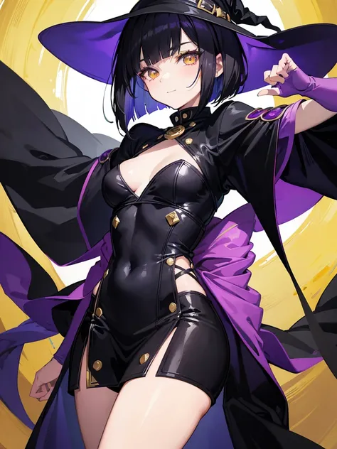 Witchs outfit, Anime-style portrait of a teen-ager girl with a deep violet bob cut, (Golden eyes), bright eyes, detailed eyes, eye contact with the camera, subtle smile, minimalistic background to emphasize character, high contrast, clean lines, digital pa...