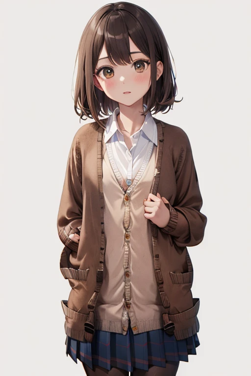 1gir,school girl,
school cardigan, (brown cardigan: 2),white shirts, collared shirt,layer of clothes,
,navy skirt in plaid skirt, (looking at viewer),