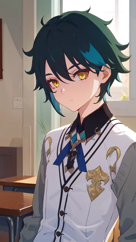 1 boy,dark green hair,highest quality,masterpiece,Excessive,male focus,yellow eyes,beautiful eyes,beautiful boy,student,cutter shirt,cardigan,