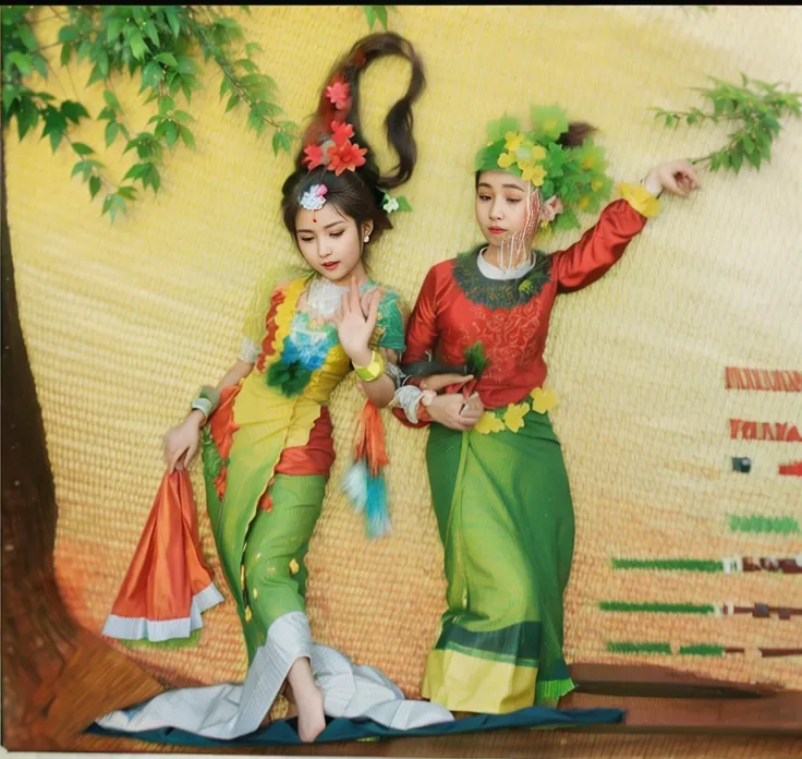 A picture of the Burmese festival of a young couple in traditional costumes under a big saffron tree3d Hd Hd
3d HD.