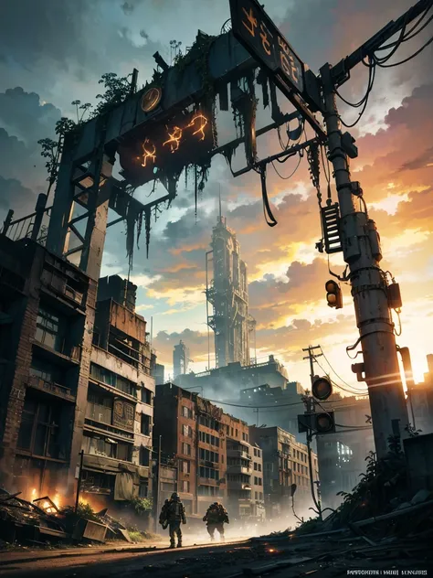 postapocalyptic steampunk city, exploration, cinematic, realistic, hyper detailed, photorealistic maximum detail, volumetric light, (((focus))), wide-angle, (((brightly lit))), (((vegetation))), lightning, vines, destruction, devastation, wartorn, ruins