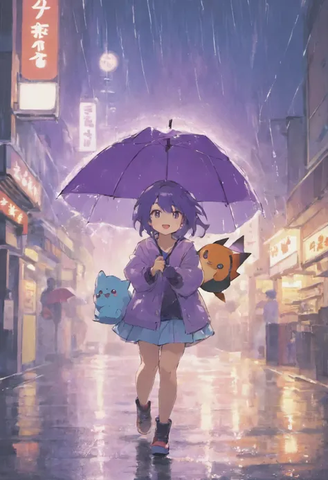 Wet day、With an umbrella、Akihabara at night、Tokyo、17 years old、Taking shelter from the rain with Gengar、lonely face、