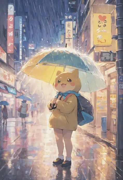 Wet day、With an umbrella、Akihabara at night、Tokyo、17 years old、Sheltering from the Rain with Snorlax、lonely face、