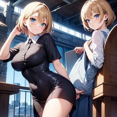 2D anime style、blue eyes、The eyes sparkled beautifully.,The breasts will become slightly larger.、Cool adult woman with short blonde hair and a serious expression....、Fashion that shows off your belly, Walking the streets of Paris,