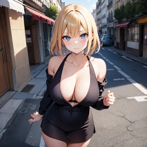 2D anime style、blue eyes、The eyes sparkled beautifully.,The breasts will become slightly larger.、Cool adult woman with short blonde hair and a serious expression....、Fashion that shows off your belly, Walking the streets of Paris,