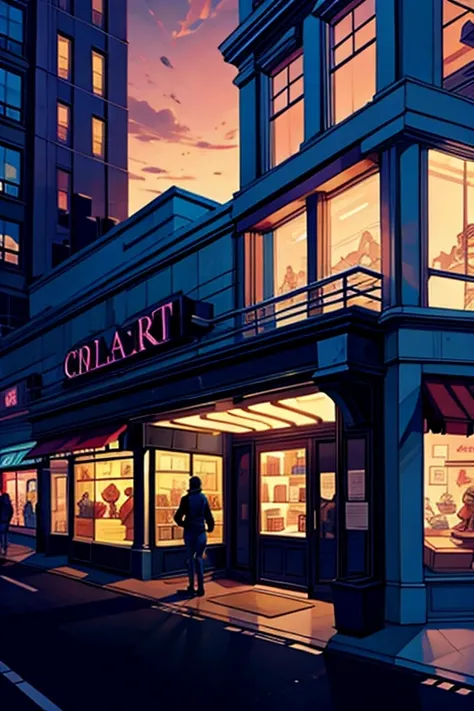 Cartoon, 2d, dc animation, exterior 3 story shopping mall, dusk, department store window lights