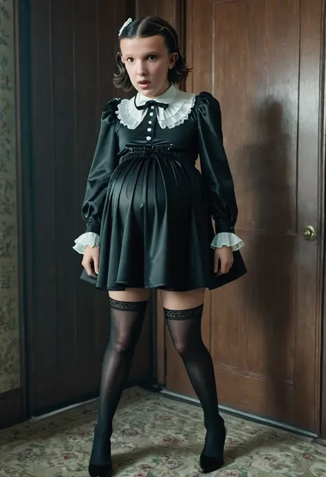 ((15 years old)) pregnant millie bobby brown, sexy outfit, black pantyhose, covered in cum, hdr, sordid atmosphere, cinematic, d...