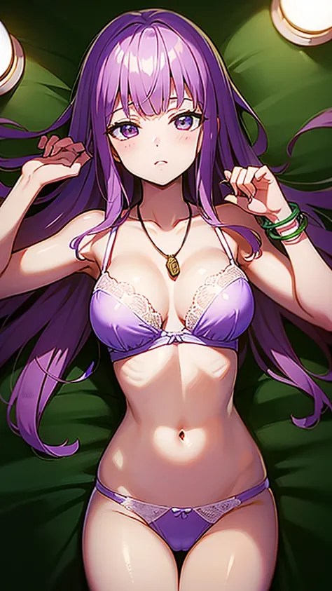 masterpiece, best quality, 1 solo girl, light purple hair, purple eyes, long hair, medium breasts, sexy body and face, wavy hair, white bra, white panty, jewelry, bracelet, necklace, night, cowboy shots, detailed body, face, and eyes, sharp focus, vibrant,...