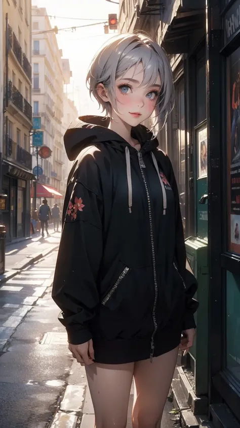 (Highly detailed CG unit 8k wallpaper, masterpiece, High resolution, highest quality, natural skin texture), Composition from head to stomach:1.5, (20 year old woman, selfie pose:1.3, smile, detailed eyes, gradient eyes), (Stalgic Fashion, hooded jacket, A...