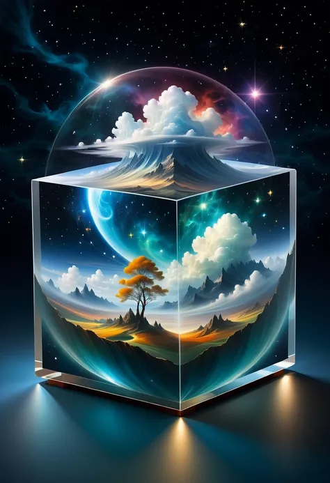 bosch style, translucent cube captures eerie clouds, the starscape warps, time warp, surrealism prevails, star, luminescent, gli...