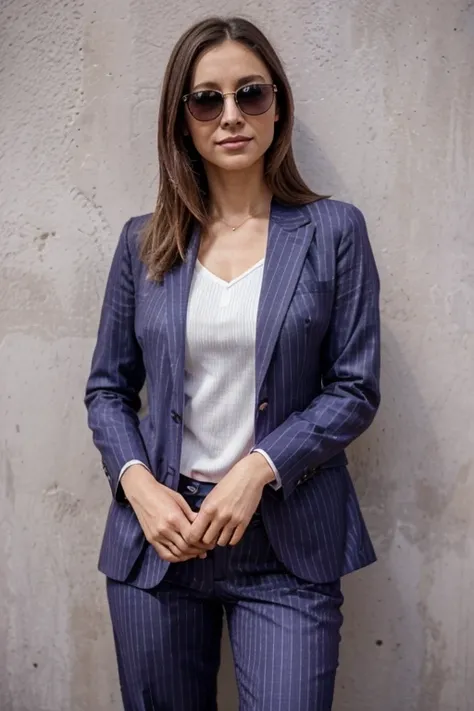 (corpo todo), (standing against a lilac wall), a 40 year old woman looking at the camera, Cabelo ondulado longo, rosto lindo detalhado, sorrindo levemente, lilac sunglasses, lilac pinstripe suit, pinstripe pants, athletic legs, decote, action photo, fundo ...