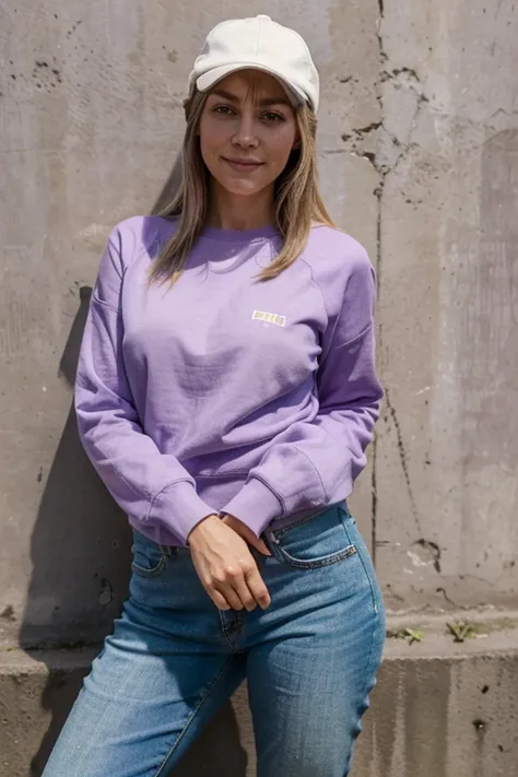 (corpo todo), (standing against a lilac wall), a 40 year old woman looking at the camera, Cabelo ondulado longo, rosto lindo detalhado, sorrindo levemente, lilac hat, lilac sweatshirt, jeans , athletic legs, decote, action photo, fundo de praia, noite, fot...