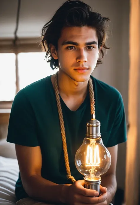 20 year old young man holding a light bulb with a rope tied to it., con poderes magicos, buena foto iluminada, linda jovencita, ...