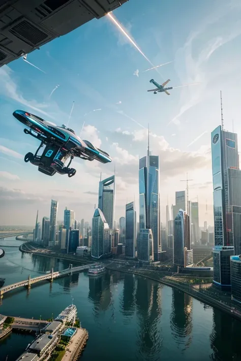 a futuristic cityscape, with flying cars, bright environment, nature friendly