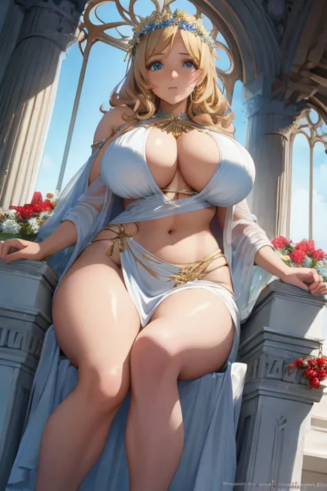 Greek goddess Aphrodite, serious and sexy face, has a face of supernatural beauty and short curly blonde hair decorated with flowers, as well as blue eyes. (perfect anatomy) , (perfect eyes) Her figure is extremely voluptuous, Gigantic breasts, Heavy breas...