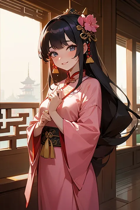 highest quality, masterpiece, High resolution, 1 girl, ancient Chinese pink dress, beautiful face, ancient chinese costume, Bowknot without original picture, elegant, Noble, crown, thin legs, goblin, hair accessory, alone, looking at the viewer, smile, shu...