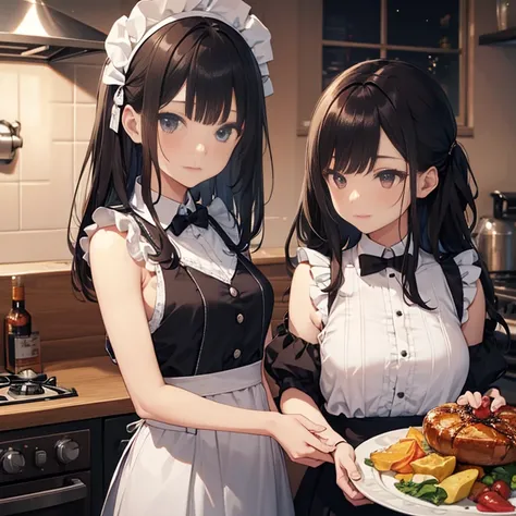 A group of maids, (in kitchen), various hair styles, harem, wearing maid uniform, night, details face, , short skirt, seducing, sleeveless , night, starry night, armpits 