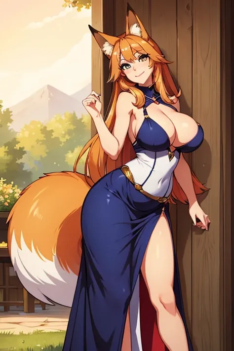 ((highest quality)), ((masterpiece)), (get used to it), perfect face, fox girl, Beautiful woman, public, A tail is growing, she has a fluffy tail, she has a fox tail, she wags her tail, smile, She wears a dress, beautiful hips, big breasts , big tail