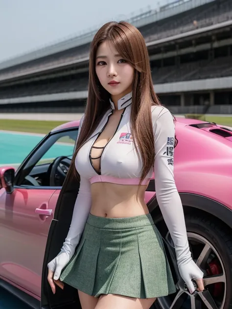 highest quality, ultra high resolution, (realistic: 1.4), (pink long hair: 1.3), (azur lane), one girl, (K-POPアイドル), view audience, detailed face, contrap post, smooth skin, Professional lighting of perfect anatomy, futuristic fashion, streetwear, tech fab...