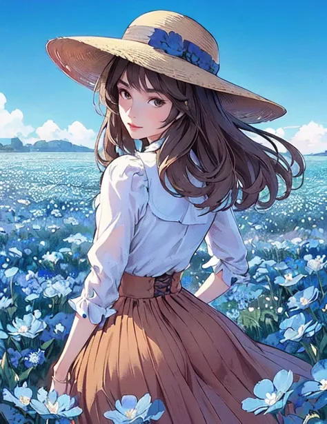 1 standing lady, (look back) (from behind), (Stylish clothing) high-waist long skirt, have, adult, /(brown hair/) Bangs, faint smile, (Masterpiece best quality:1.2) Exquisite illustrations and super detailed, Medium breastBREAK (field of Pieris flowers) ou...