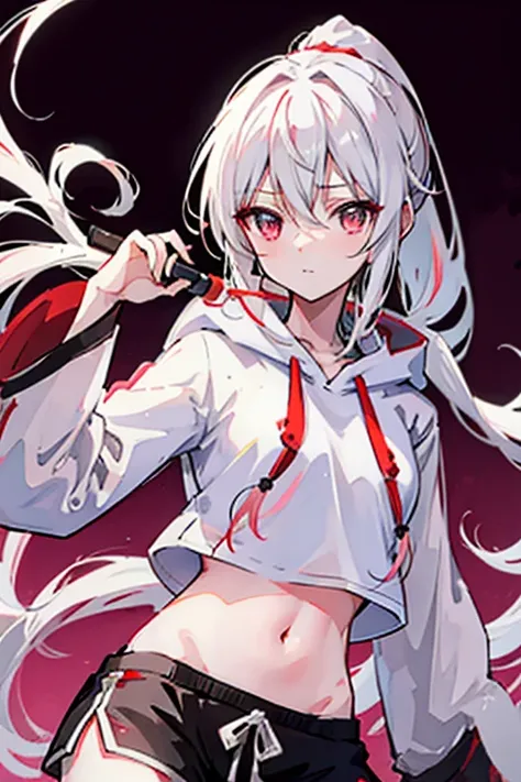 Munakata Shikō, anime girl, long white hair, ponytail, red eyes, white crop top hoodie, black training shorts 