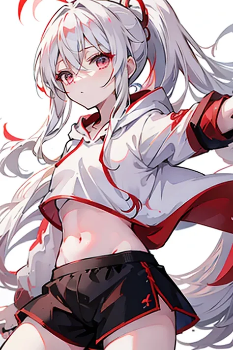 Munakata Shikō, anime girl, long white hair, ponytail, red eyes, white crop top hoodie, black training shorts 