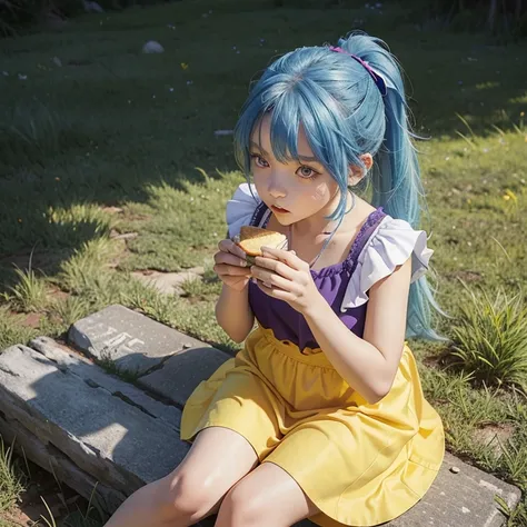 10 year old girl, blue hair on ponytails, big purple color eyes, wearing one piece yellow color dress, red color snickers, sitting on grass, eating sandwich
