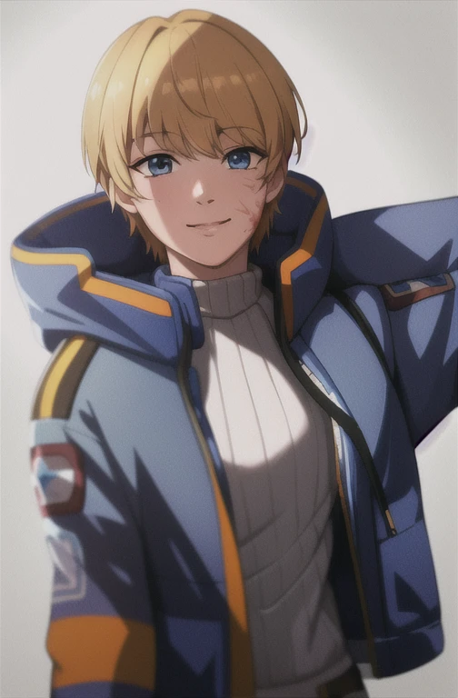 wattson (apex legends), masterpiece, best quality, 1girl, solo, scar, scar on face, scar on cheek, bangs, blonde hair, blue eyes...