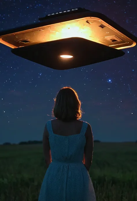 (high quality, 4k, realistic, vivid colors), triangular ufo, hovering over, amazed woman, night scene, kansas farmhouse, mysterious lights, detailed face expression, shining eyes, surprised expression, clear starry sky, dark silhouette, dramatic lighting, ...