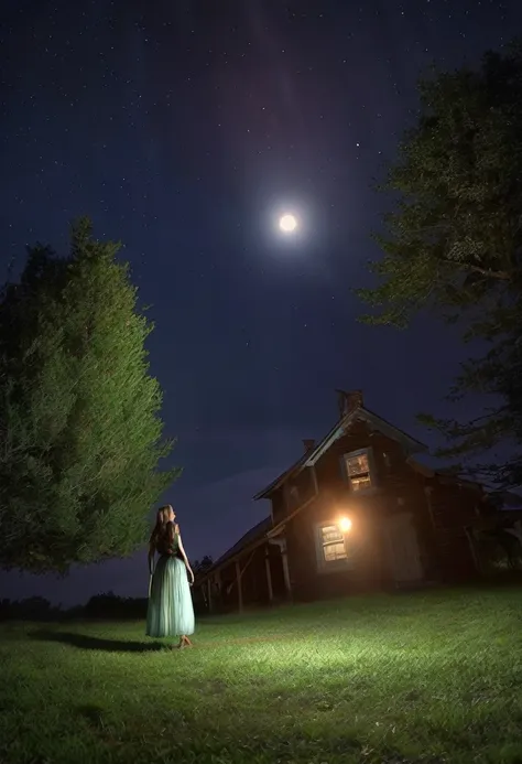 (high quality, 4k, realistic, vivid colors), triangular ufo, hovering over, amazed woman, night scene, kansas farmhouse, mysterious lights, detailed face expression, shining eyes, surprised expression, clear starry sky, dark silhouette, dramatic lighting, ...