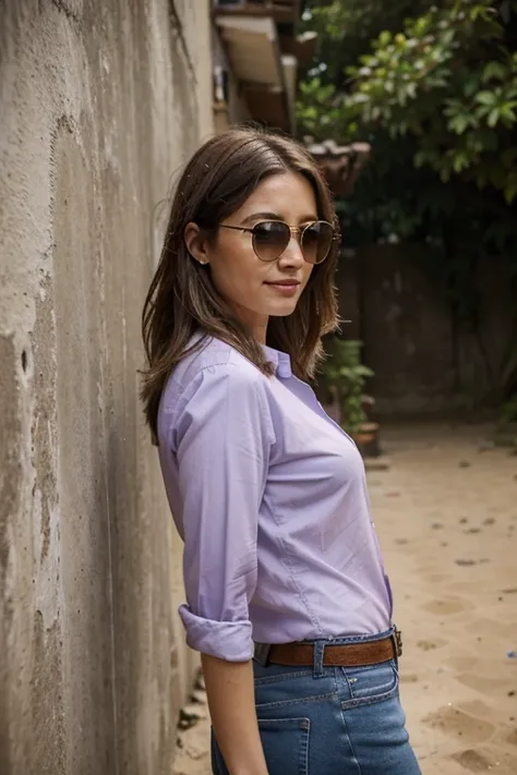 (corpo todo), (sentada em uma cadeira de madeira, parede cimento com plantas), a 40 year old woman looking at the camera, Cabelo ondulado longo, rosto lindo detalhado, sorrindo levemente, sunglasses, jaqueta jeans, lilac shirt, bermuda jeans, athletic legs...