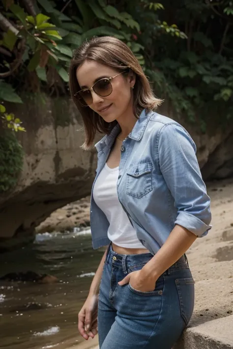 (corpo todo), (sentada em uma cadeira de madeira, parede cimento com plantas), a 40 year old woman looking at the camera, Cabelo ondulado longo, rosto lindo detalhado, sorrindo levemente, sunglasses, jaqueta jeans, lilac shirt, bermuda jeans, athletic legs...