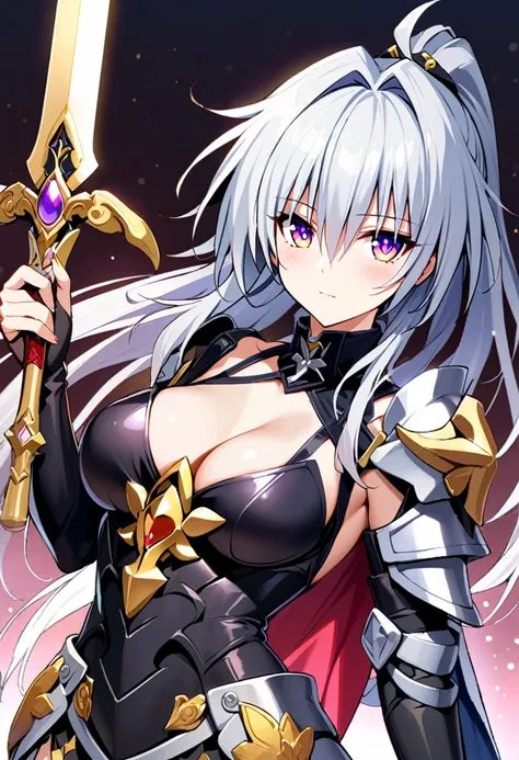 1girl, girl, honkai: star rail、female knight、silver hair、heavy armor、cleavage、beautiful gold pattern、ponytail、with a sword in on...