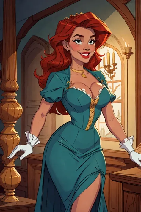 A sexy/cute, historicially acurate dickensian lady sweet/wholesome skinney , Traditional/conservative dress. Exudes love, conservative values. Thick Red hair. elegant dickensian dress. , fair-skinned woman, view viewer, Face Madura, Delicate gloves,, attra...