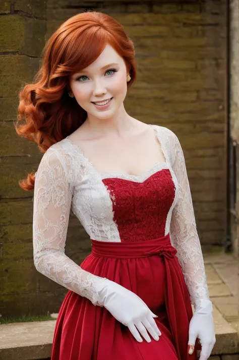 A sexy/cute, historicially acurate dickensian lady sweet/wholesome skinney , Traditional/conservative dress. Exudes love, conservative values. Thick Red hair. elegant dickensian dress. , fair-skinned woman, view viewer, Face Madura, Delicate gloves,, attra...