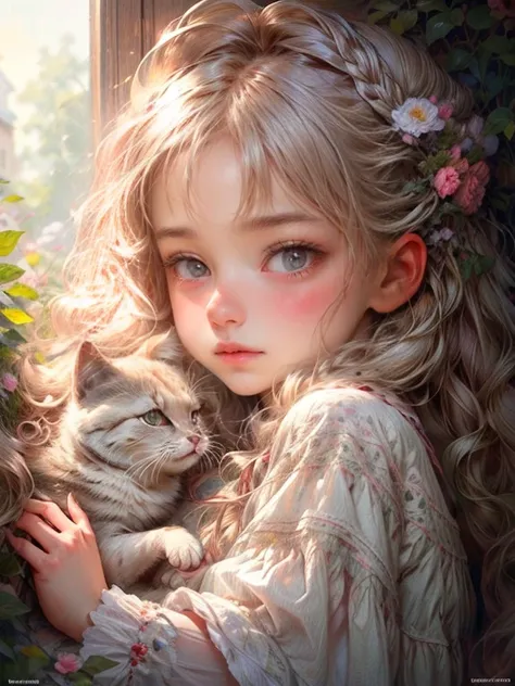 masterpiece:1.2, highest quality:1.2, 8k, CG, photorealistic:1.37, delicate detailed:1.8 (eyes, pupils, lips, face, hair, hand, skin, clothes), sleepy, soft touch illustration, platinum blond, braid, little cute girl, Embarrassingly, leaning back down on p...