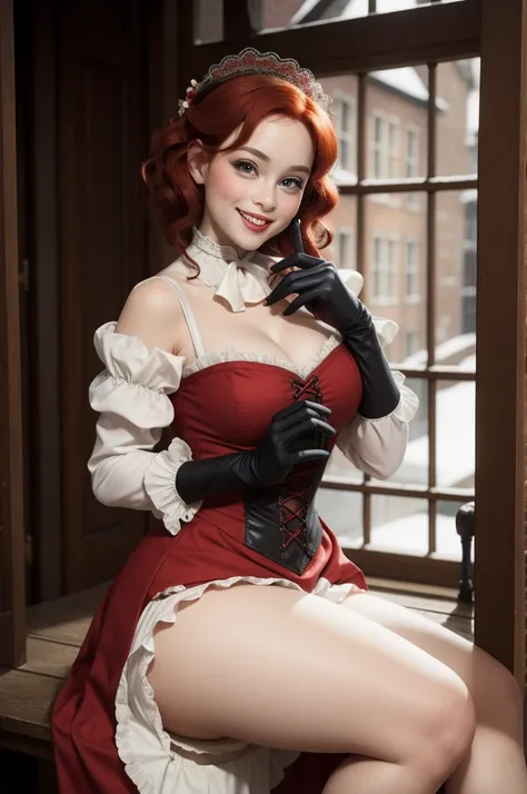 A sexy/cute, historicially acurate dickensian lady sweet/wholesome skinney , Traditional/conservative dress. Exudes love, conservative values. Thick Red hair. elegant dickensian dress. , fair-skinned woman, view viewer, Face Madura, Delicate gloves,, attra...