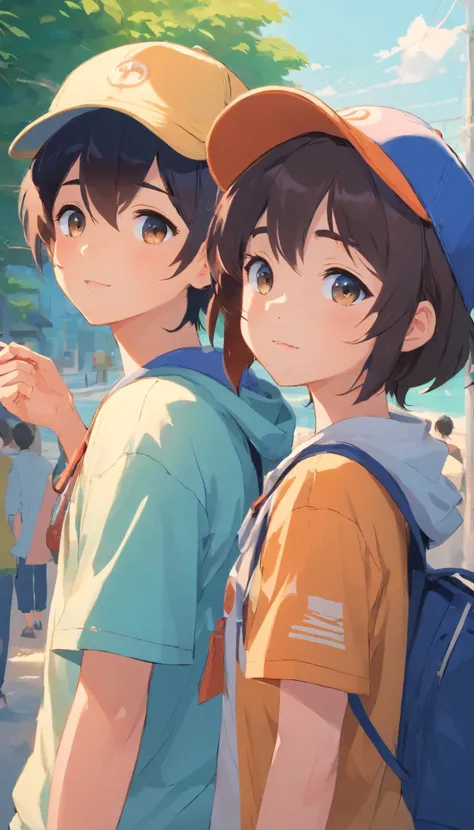 Two cute girls, wearing head sport caps, one head on her friend shoulder, boys style, detailed body, sharp features