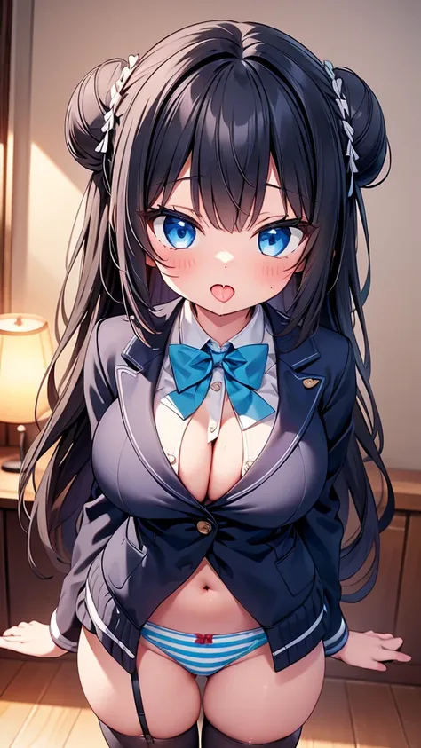 highest quality,wonderful,finely,extremely detailed CG Unity 8K wallpaper, (1 girl,black hair, blue eyes,double bun), (gigantic breasts:1.2), (Light blue striped underwear:1.1),(open mouth:1.2), (long tongue:1.2), (mouth drool:1.2),(zettai ryouiki:1.2),(fr...