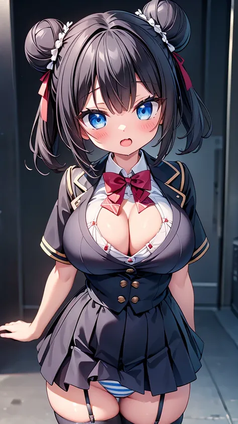 highest quality,wonderful,finely,extremely detailed CG Unity 8K wallpaper, (1 girl,black hair, blue eyes,double bun), (gigantic breasts:1.2), (Light blue striped underwear:1.1),(open mouth:1.2), (long tongue:1.2), (mouth drool:1.2),(zettai ryouiki:1.2),(fr...