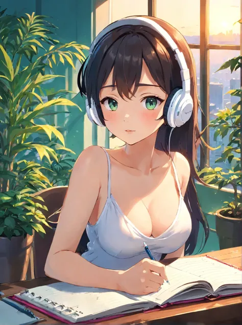 Anime girl, (wearing white headphones:1.4), sitting on a chair, (writing a diary:1.4), holding a pen in her right hand, her left index finger touching her lips, not holding a pen in her left hand, short ponytail, black hair, 24 years old, wearing a white f...