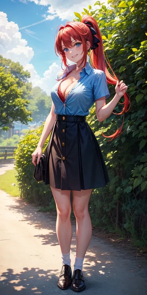 1girl, full body, summer, village, trees, sun, clouds, ((colorful hair)), ponytail, large breasts, button down, blue eyes, ((red, white and green shirt)), ((unbuttoned shirt)), unbuttoning buttons, ((short sleeved shirt)), black mini skirt, brown shoes, gr...