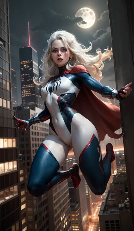 (Masterpiece, 4k resolution, ultra-realistic, very detailed), (White superhero theme, charismatic, theres a girl on top of town, wearing Spider-Man costume, shes a superhero), [ ((25 years), (long white hair:1.2), full body, (blue eyes:1.2), ((Spider-Man p...