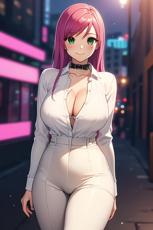 1 girl, 19 years old, Long pink hair, green eyes with slit pupils, master-piece, best quality, (standing up), (white buttoned blouse), (tight long sleeve white crop blouse, black pants, bright red heels, cleavage),  (Big , ultra gigantic , Super super big,...