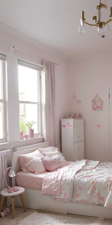 Create a girls room with a candid and very innocent theme, with a bed placed transversally and a mirror, very clean and relaxed atmosphere