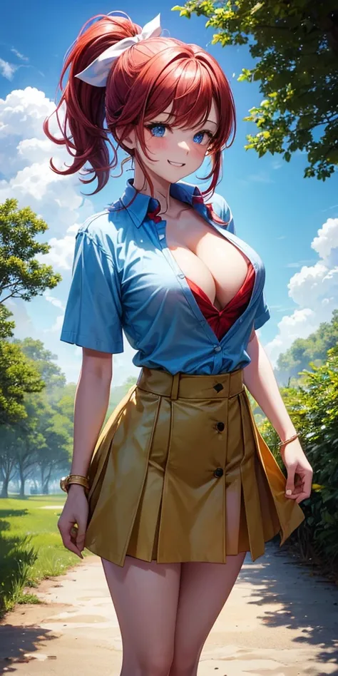 1girl, full body, summer, village, trees, sun, clouds, ((colorful hair)), ponytail, large breasts, button down, blue eyes, ((red, white and green shirt)), ((unbuttoned shirt)), unbuttoning buttons, ((short sleeved shirt)), black mini skirt, brown shoes, gr...