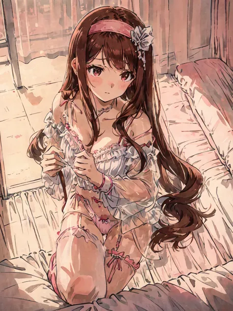 beautiful illustrations, highest quality, pretty girl, 1girl, Bedroom, pastel colour, (two-separated lingerie), reddish brown long hair, headband, cute lingerie, bright lighting