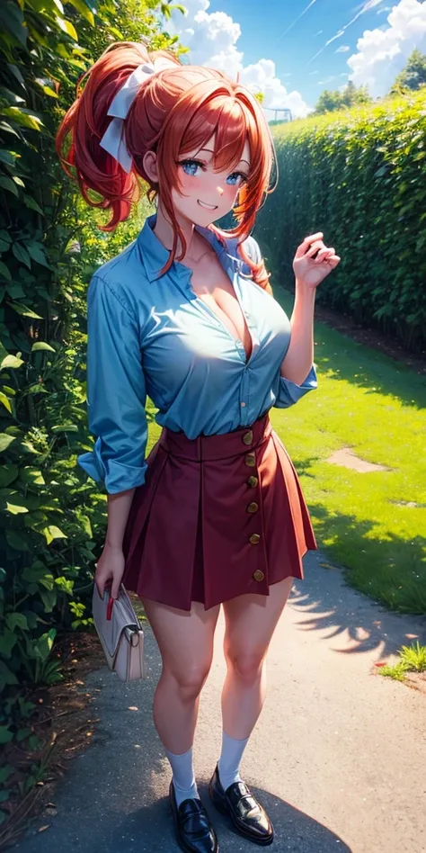 1girl, full body, summer, village, trees, sun, clouds, ((colorful hair)), ponytail, large breasts, button down, blue eyes, ((red, white and green shirt)), ((unbuttoned shirt)), unbuttoning buttons, ((short sleeved shirt)), black mini skirt, brown shoes, gr...