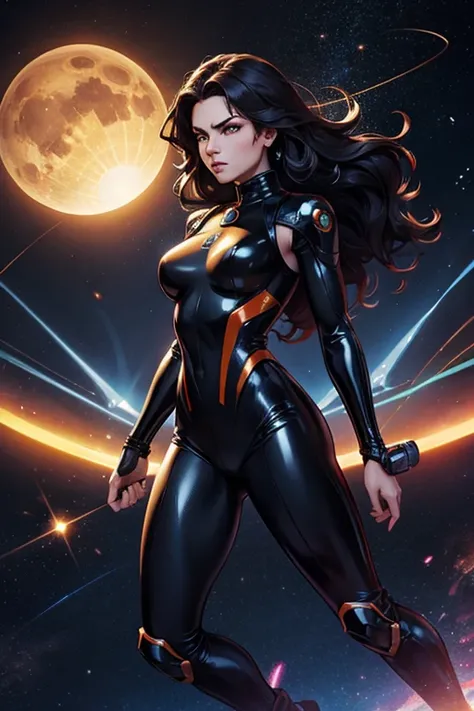 best quality, masterpiece, woman space super hero, full body, angry, hi-tech vest over black latex suit, long curly hair, floating in deep space, with several planets and suns in the background